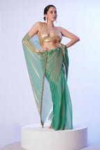 Sea Green Satin Gold Organza Solid Designer & Lace Work Saree - Samaa