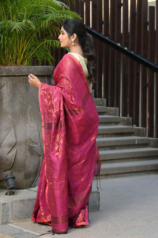 Beatitude Pink Cotton Floral Jamdani Saree
