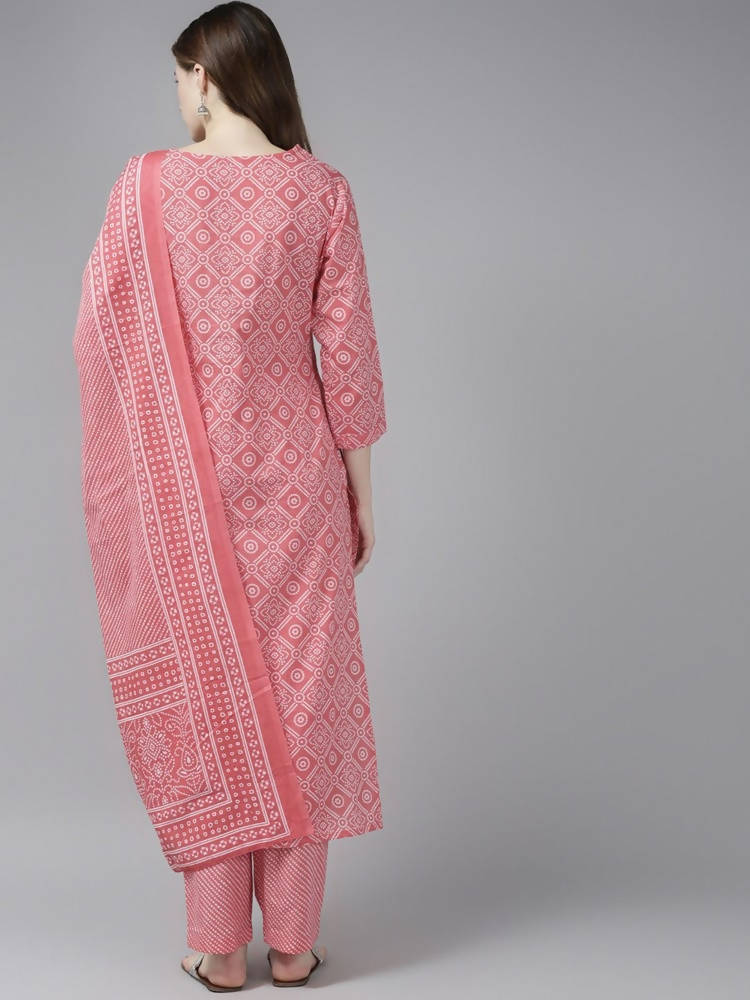 Yufta Women Pink Printed Regular Pure Cotton Kurta with Palazzo and Dupatta