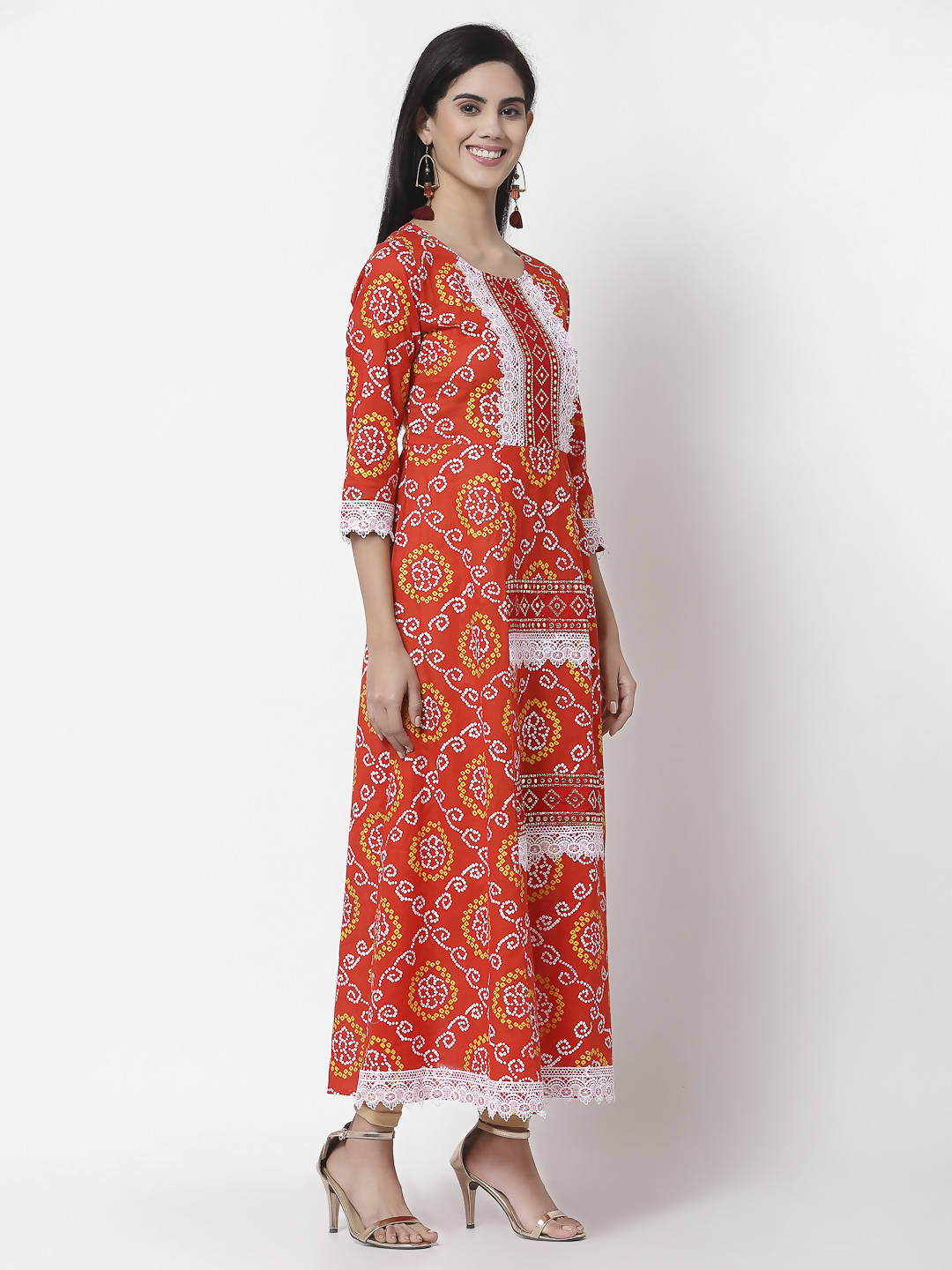 Myshka Women's Pure Cotton Round Neck Printed 3/4 Sleeve Dress