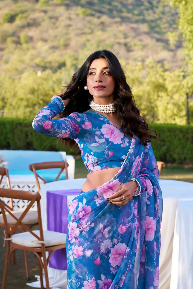 Vastranavya Blue Weightless Marble Printed & Pearl Lace Border Saree with Unstitched Blouse