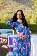 Vastranavya Blue Weightless Marble Printed & Pearl Lace Border Saree with Unstitched Blouse