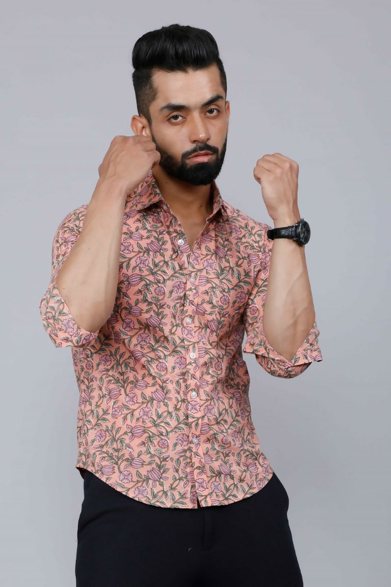 Miravan Men's Orange Printed Full Sleeve Cotton Shirt