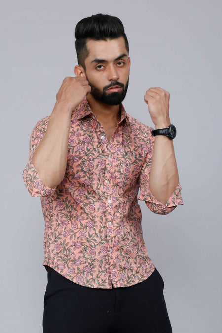 Miravan Men's Orange Printed Full Sleeve Cotton Shirt