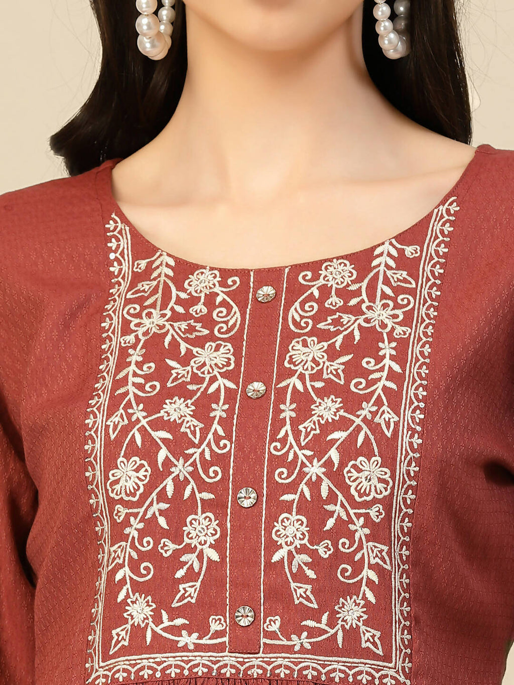 Brown Poly Rayon Floral Embroidered Top - Zeny