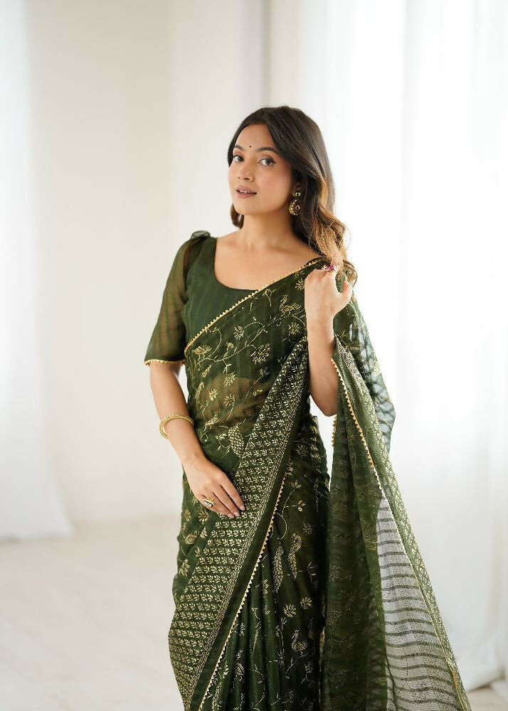 PR Fashion Mehendi Georgette Patta Plain With Foil Work And Small Lace And Zalar Lace Saree