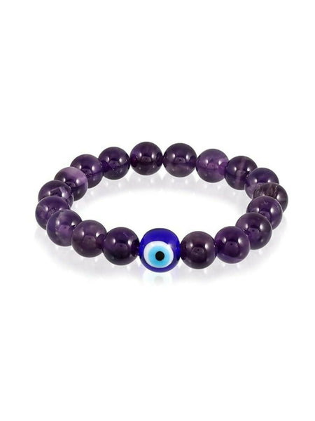 NVR Natural Amethyst Evil Eye Beaded Handmade Stretch Bracelet