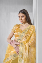 Yellow Burburry silk Designer Embroidery Work Saree - Shezlin