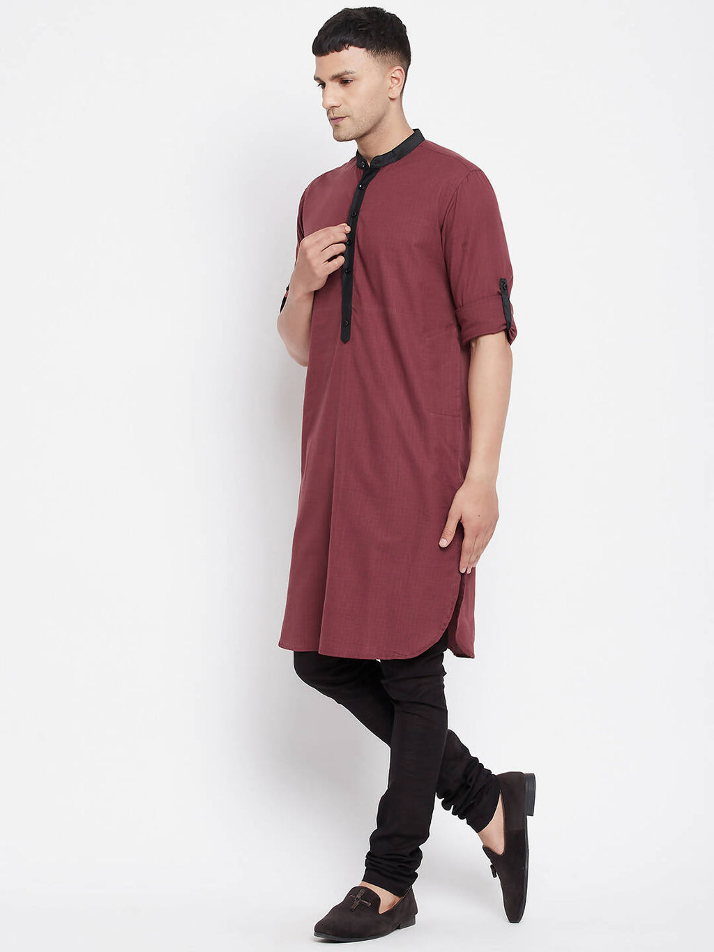 Even Apparels Maroon Pure Cotton Men's Kurta With Contrast Collar And Placket - Distacart