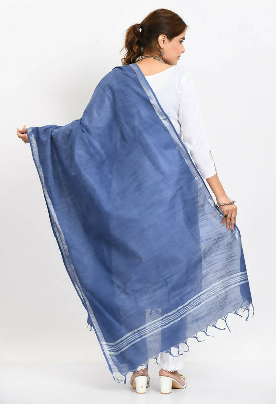 Mominos Fashion Moeza Women's Linen Cotton Silver Border Blue Dupatta - Distacart