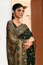 Joban Fashion Emerald Green Crepe Chiffon Pure Handloom Banarasi Silk Saree