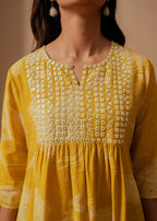 Juniper Mustard Ethnic Motifs Viscose Tunic With Thread Work And Mirror Detailing - Distacart
