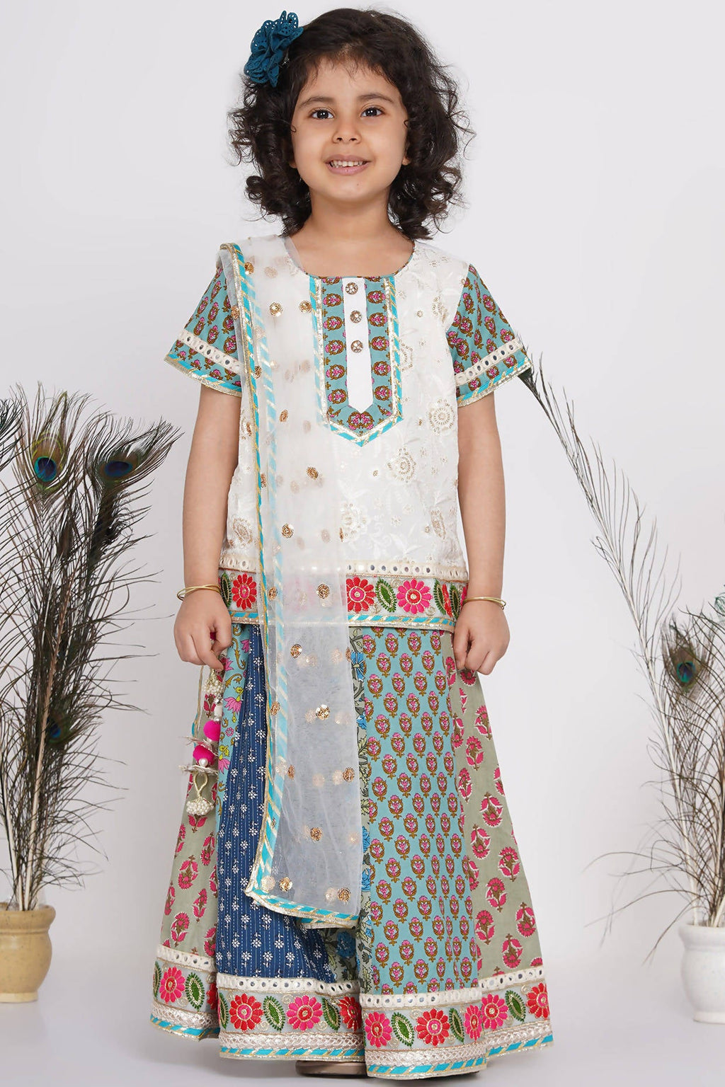 Little Bansi Girls Cotton Embroidery Kurta With Lehenga & Tussel - White & Multicolor