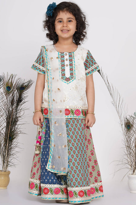 Little Bansi Girls Cotton Embroidery Kurta With Lehenga & Tussel - White & Multicolor