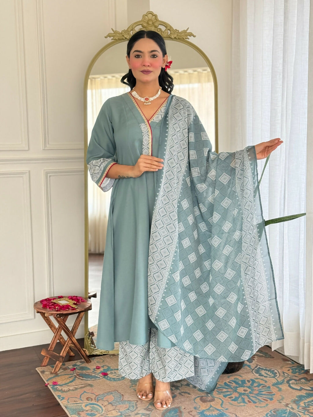 The52 Women's Beautiful Rayon Fabric Embroidery Work A-Line Kurta Pant and Dupatta Set - Distacart