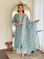 The52 Women's Beautiful Rayon Fabric Embroidery Work A-Line Kurta Pant and Dupatta Set - Distacart