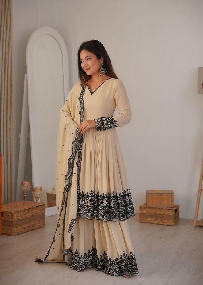 Teeya Creation Cream Color Faux Georgette Embrodiery Work Party Wear Sharara set - Distacart