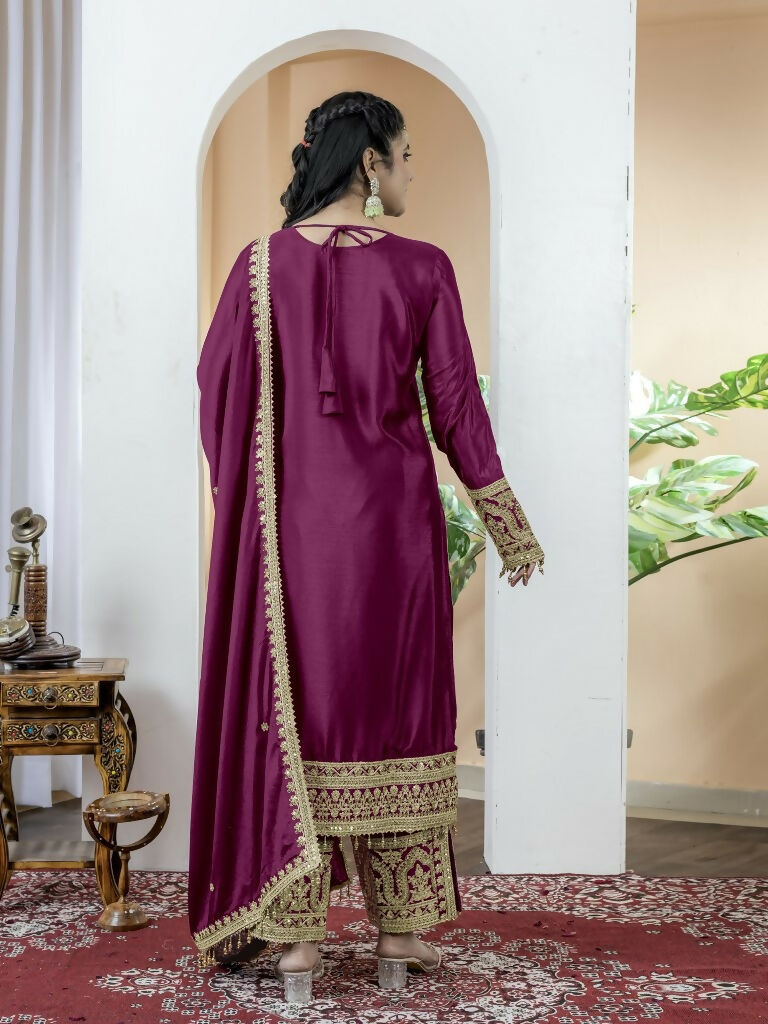Teeya Creation Wine Color Chinnon Silk Embroidery Work Fully Stitched Salwar Suit - Distacart