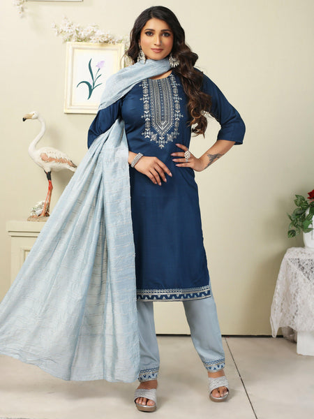Vamika Chinon Embroidery Blue Party Wear/Casual Wear/Office Wear Kurta Set/Suit