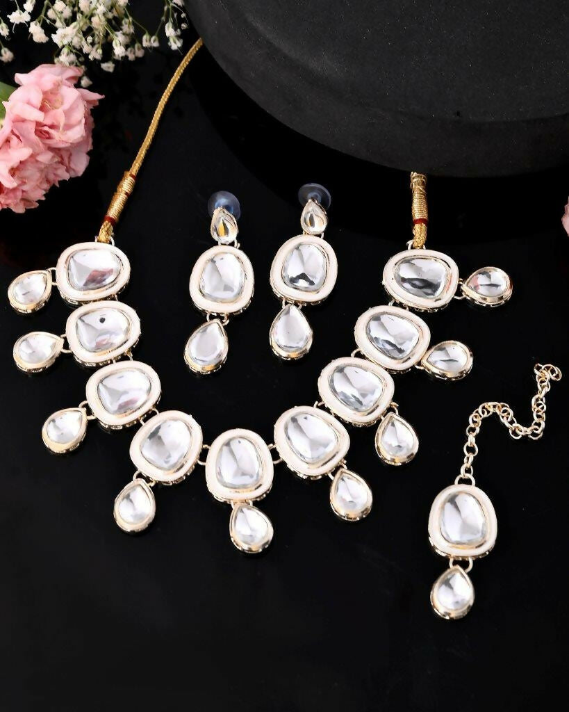 VOJ Kundan Studded Silver Plated White Color Jewellery Set with MaangTikka
