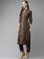 Yufta Women Brown Printed Panelled Beads and Stones Pure Cotton Kurta with Trouser & With Dupatta