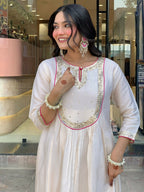 The52 White Women's Gorgeous Embroidered Work Chanderi Fabric Flared Kurta Pant and Dupatta Set - Distacart