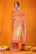 Jyoti Fashion Women's Orange Kanjivaram Silk Zari Woven Saree with Blouse - Distacart