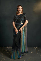 Black Silk Crepe Georgette Cord Sequence & Thread Embroidered & Moti Work Saree - Moh-Manthan Royal Enigma