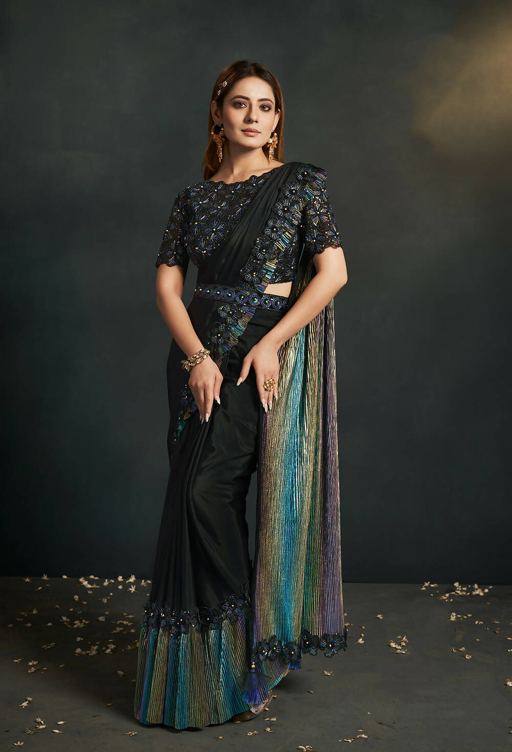 Black Silk Crepe Georgette Cord Sequence & Thread Embroidered & Moti Work Saree - Moh-Manthan Royal Enigma