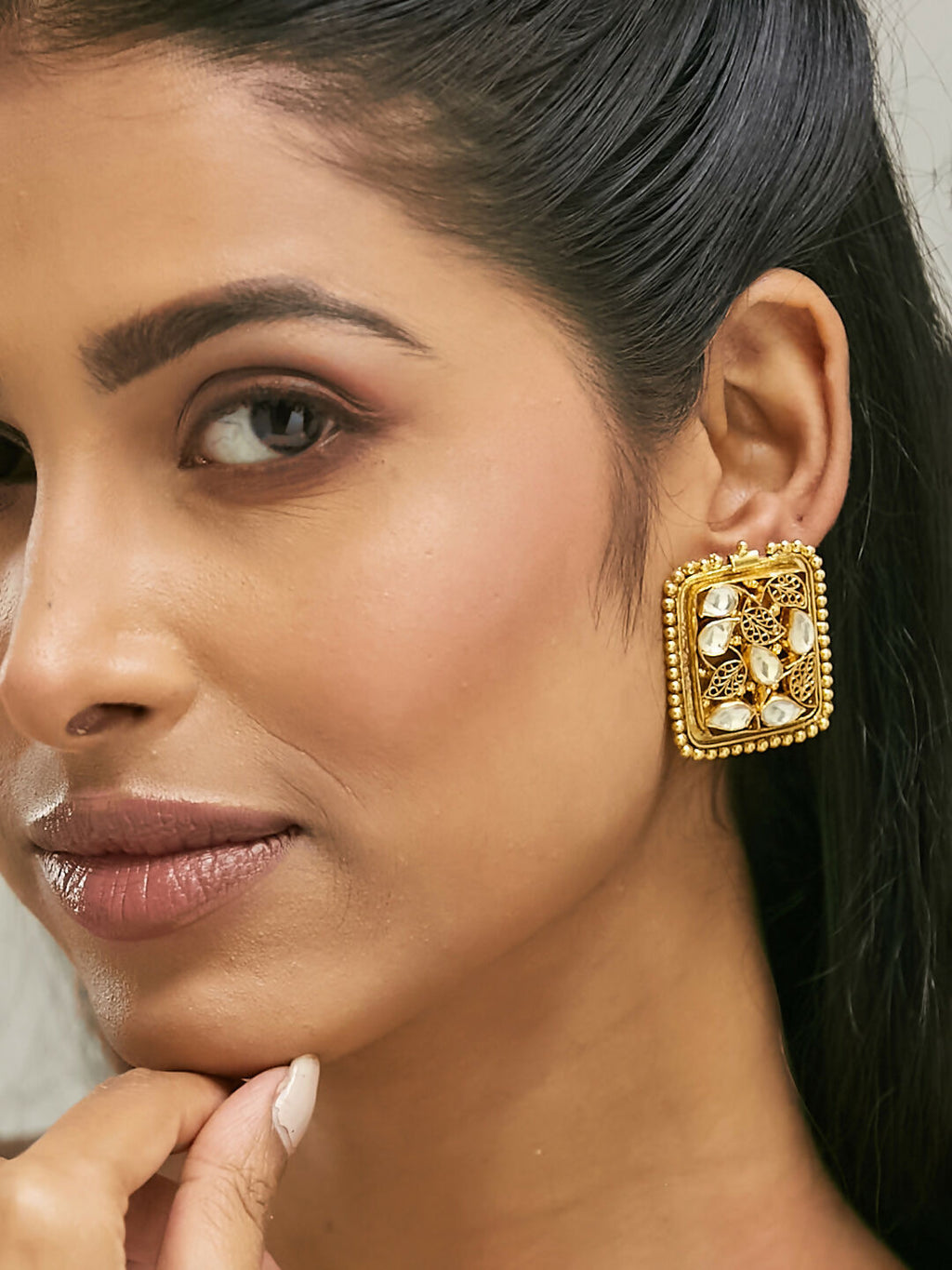 Nuyug 22K Gold-Plated Kundan & Filigree Concept Rectangular Leafy Studs - Distacart
