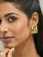Nuyug 22K Gold-Plated Kundan & Filigree Concept Rectangular Leafy Studs - Distacart