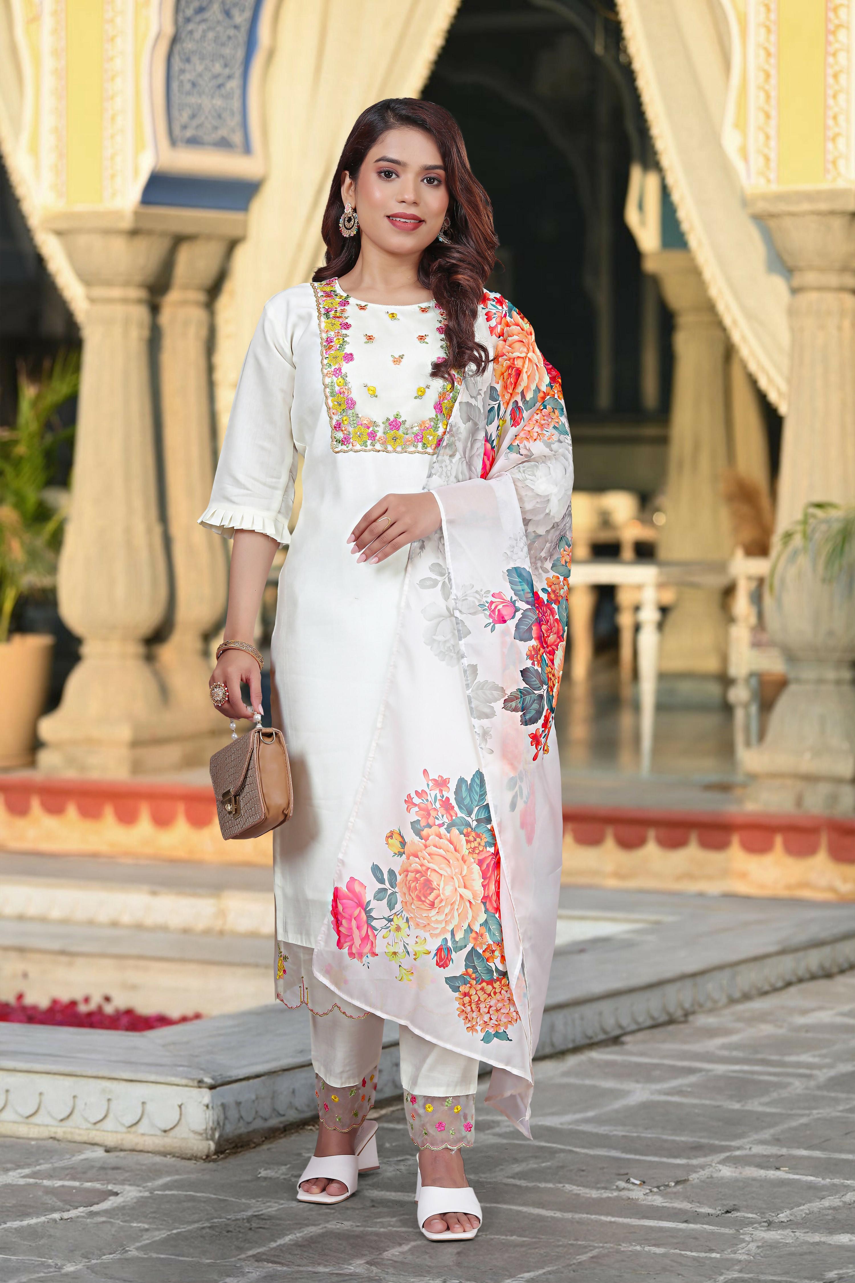 The52 Women's Beautiful Chanderi Fabric Embroidery Work Straight Kurta Pant and Dupatta Set - Distacart