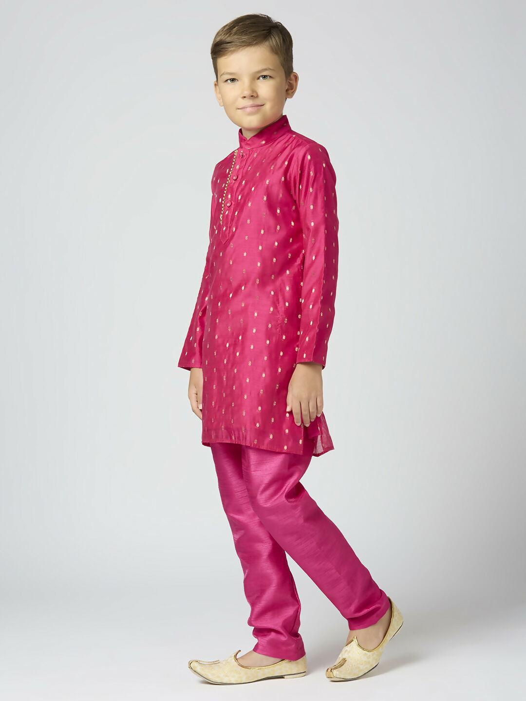 Joban Fashion Kids Island Full Sleeves Chanderi Kurta, Pyjama Set with Traditional Butta Work - Rani Pink - Distacart