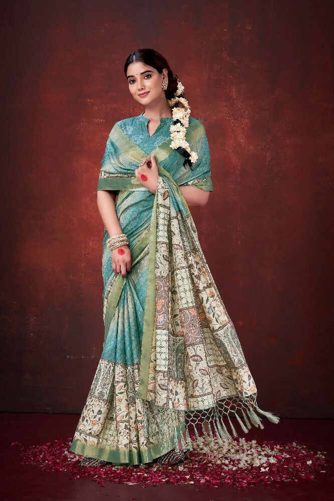 Sky Blue Poly Habotai Silk Foil Print Saree with Unstitched Blouse - Kathari