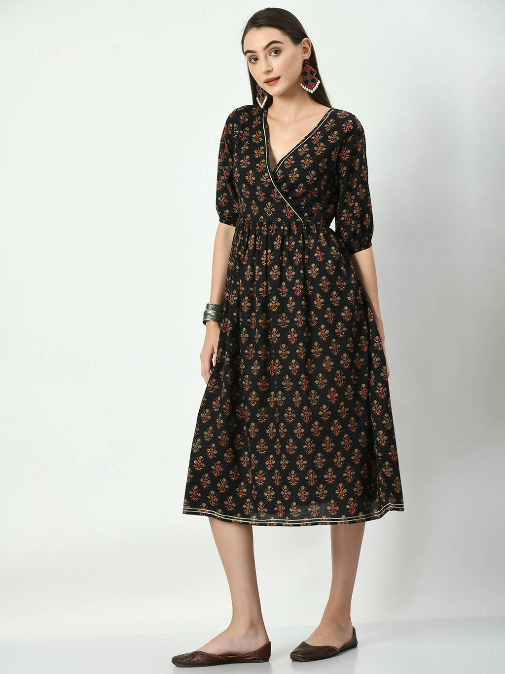 Myshka Women's Black Empire Printed Dress - Distacart