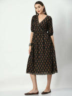 Myshka Women's Black Empire Printed Dress - Distacart
