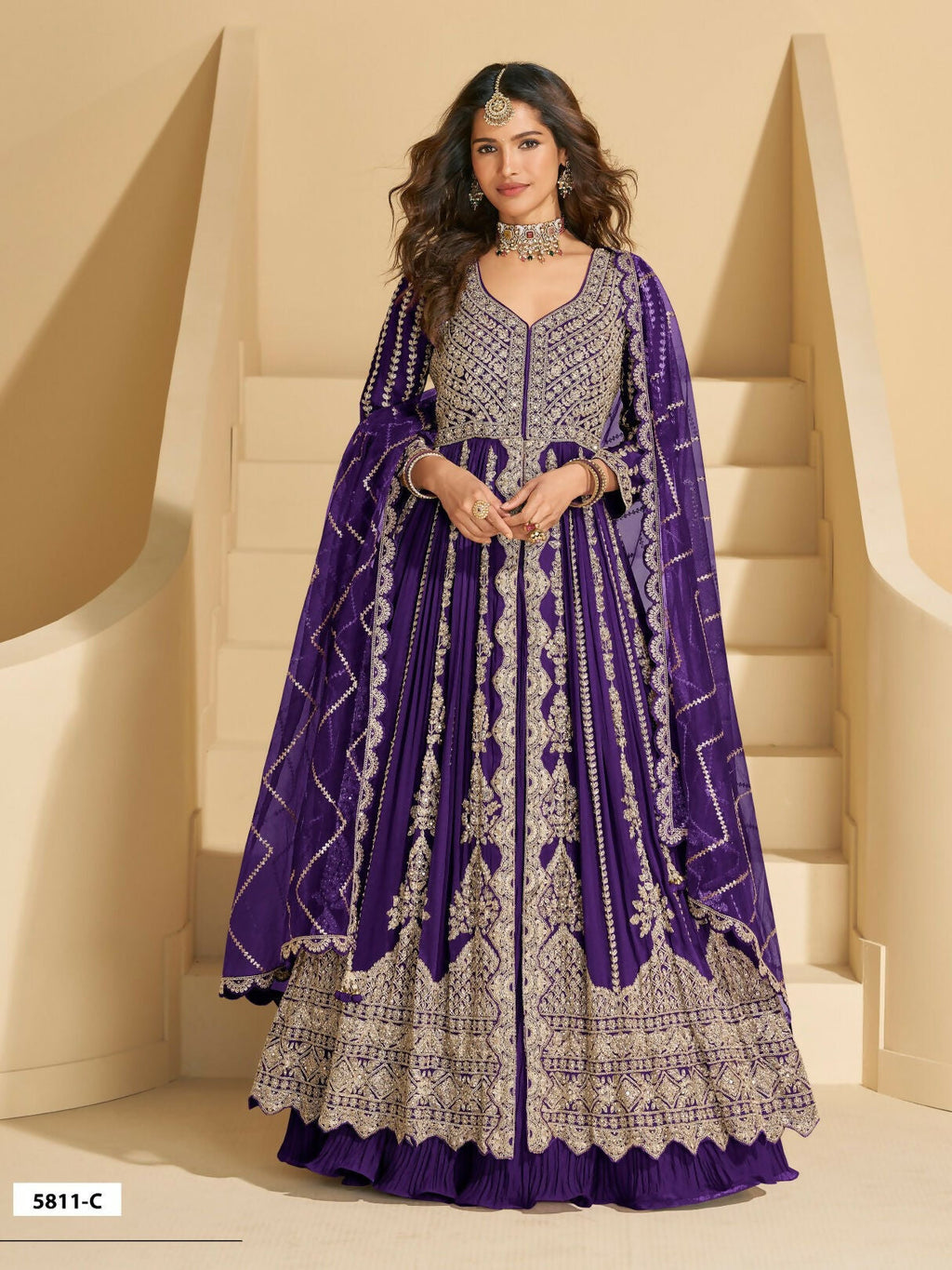 Anaita Violet Chinon Readymade Anarkali Lehenga with Heavy Embroidery Work - Distacart