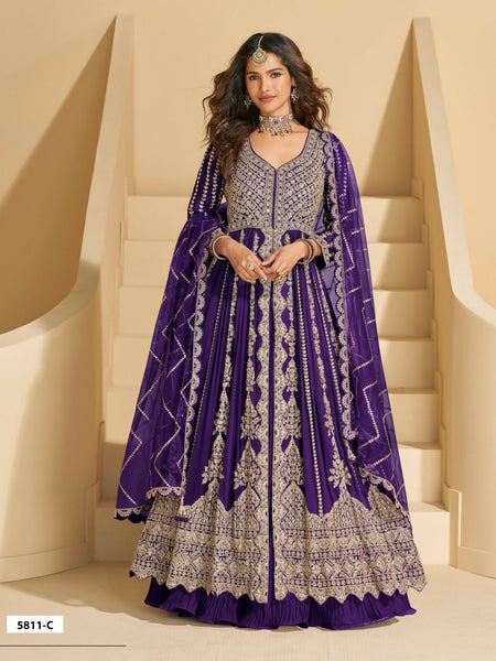 Anaita Violet Chinon Readymade Anarkali Lehenga with Heavy Embroidery Work