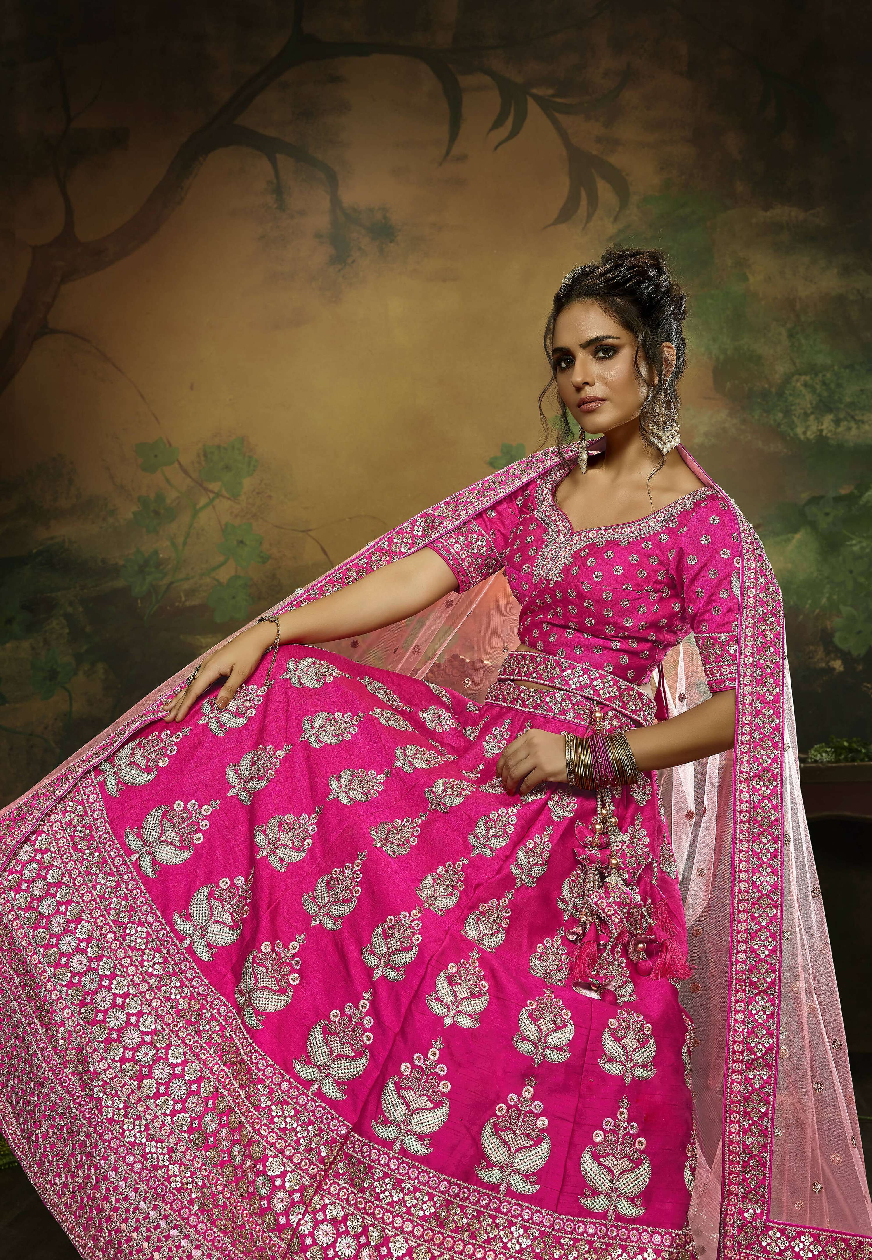 House of Panchhi Pink Pure Silk Moti & Zarkan heavy embroidery Lehenga choli & Dupatta