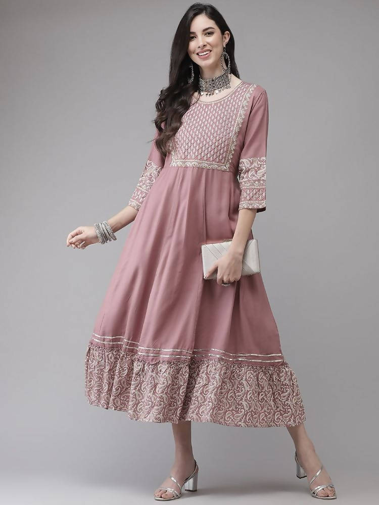 Yufta Pink Embroidered Ethnic Midi Dress