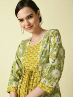 Myshka Women's Yellow Floral Printed Gown Dress - Distacart