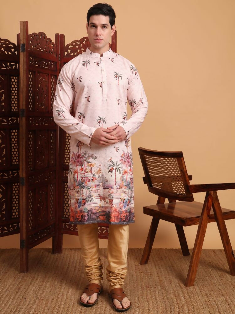 Peach Cotton Printed Chikankari Embroidery Work Kurta - Mahotsav