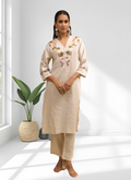 Joban Fashion Beige Linen Embroidered Readymade Long Kurta With Pant - Distacart