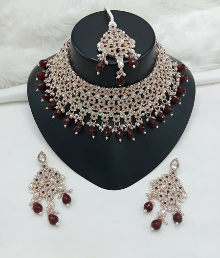 Joban Fashion Women Maroon Stone Work Necklace Set