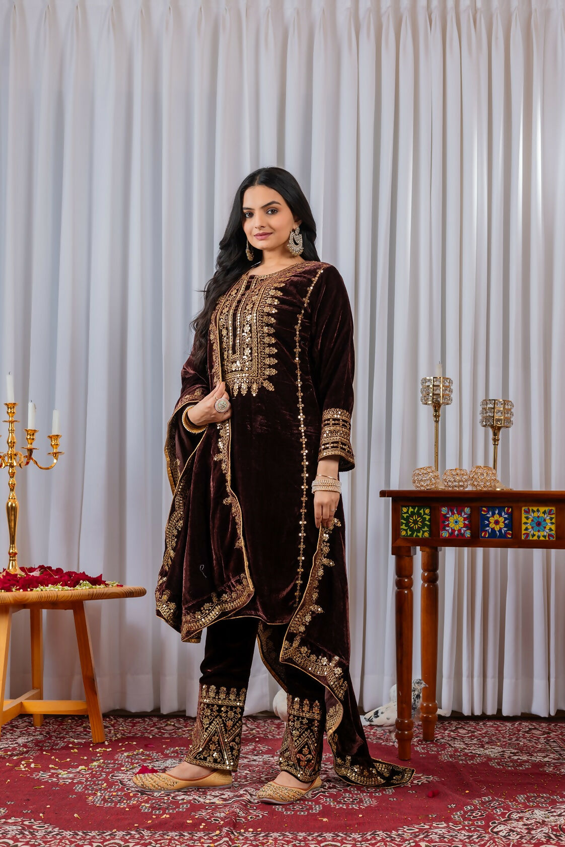 Joban Fashion Wine Velvet Sequence Embroidery Work Kurta Set - Distacart