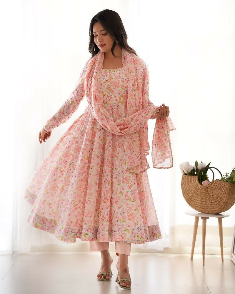 Joban Fashion Peach Kurta Set Organza Sequin Embroidery Work - Distacart