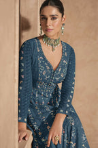 Vastranavya Teal Chikankari Embroidered Sequence Work Abaya Suit