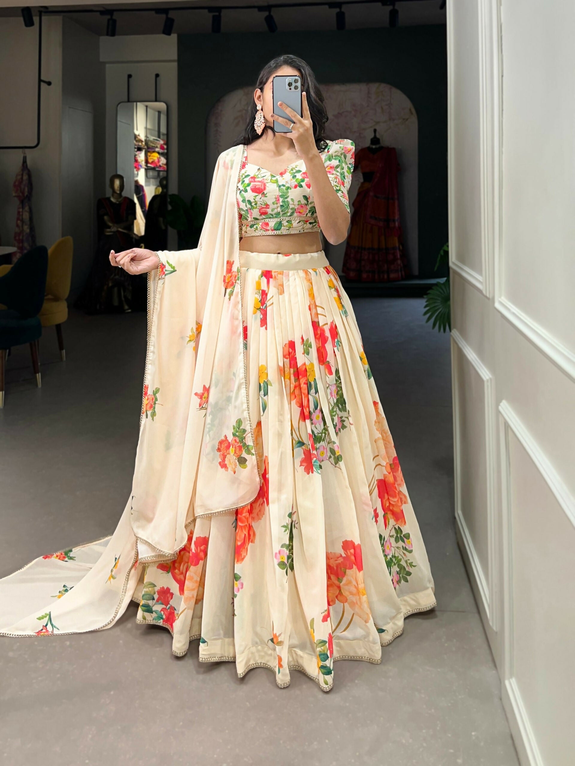Vastranavya Floral Printed Georgette Lehenga Set With Thread Work Unstitched Choli - Cream