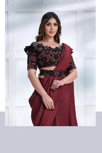Maroon Crepe Silk Georgette Texture with Cord, Sequence Embroidered & Stone work Saree - Mohmanthan Majestica - Distacart