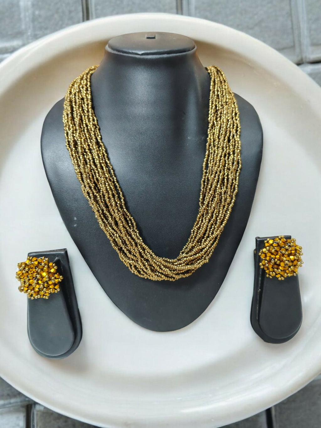 Inhanns Vibrant Handmade 20 Layers Beaded Necklace With Matching Earrings - Golden
